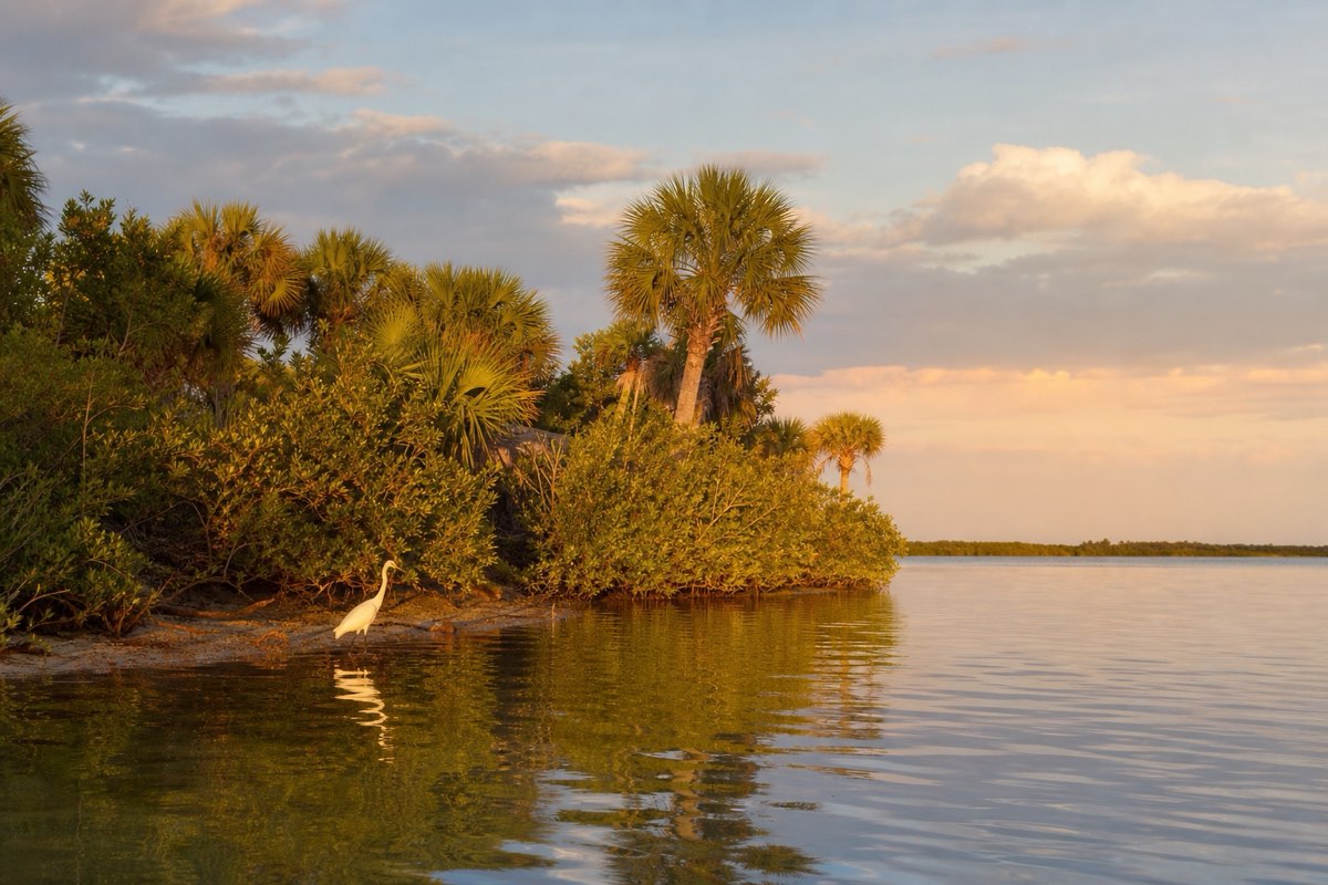 Indian River Lagoon shoreline at golden hour with a wading bird
