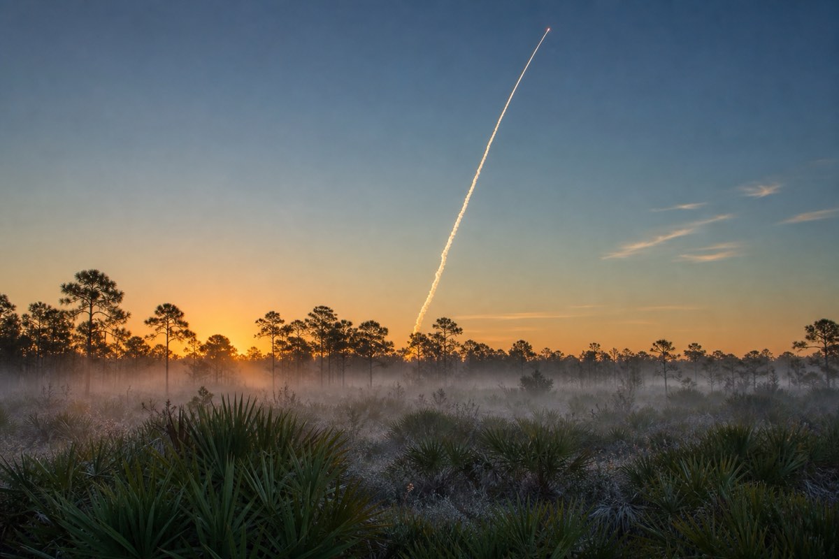 Rocket launch trail climbing the dawn sky over palmetto flatwoods