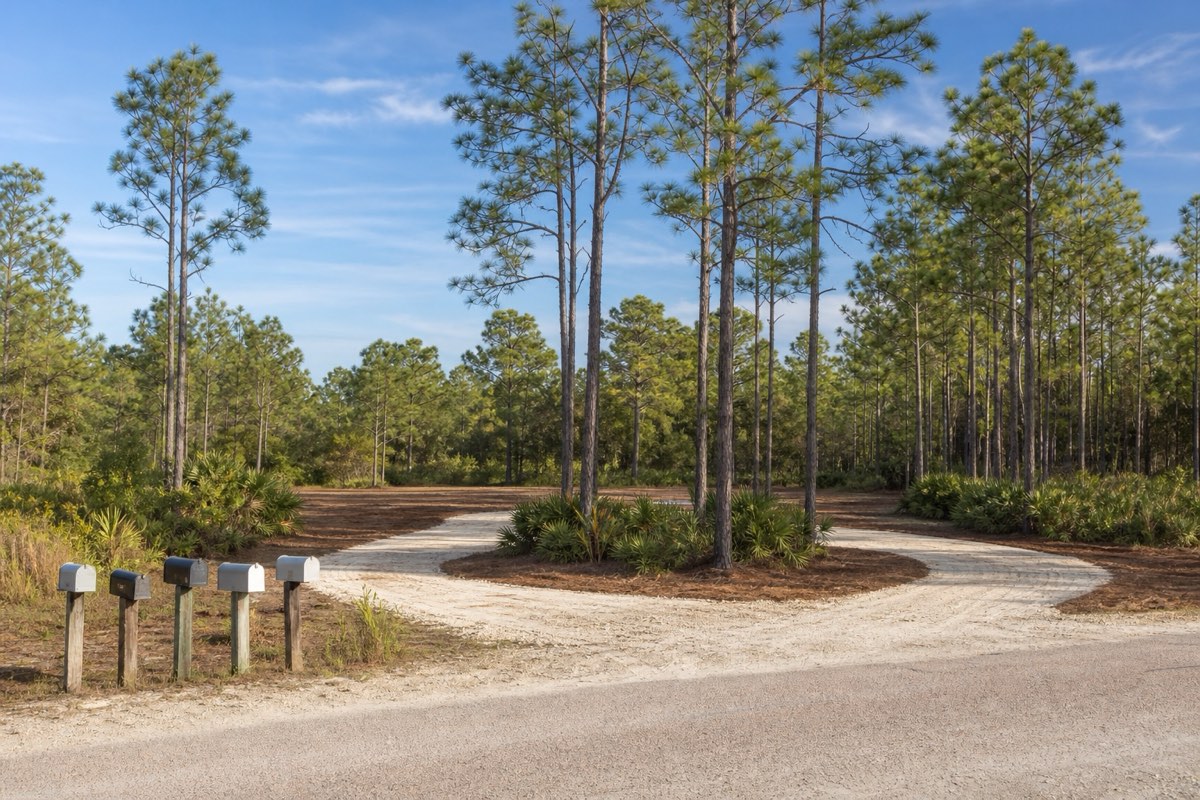Newly cut access drive winding through pine woods toward a cleared homesite on multi-acre land in Grant-Valkaria
