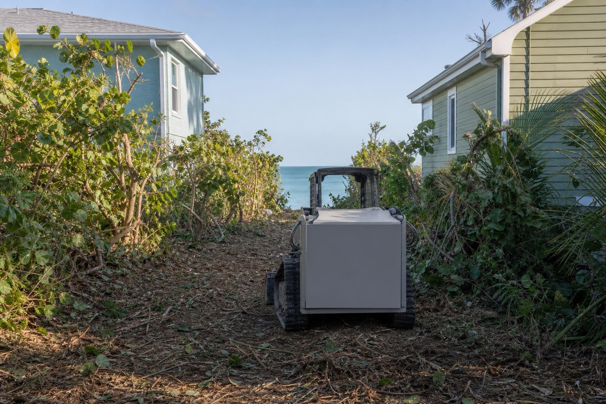 Compact tracked machine clearing dense overgrowth on a narrow residential lot in Indialantic with the lagoon in the background