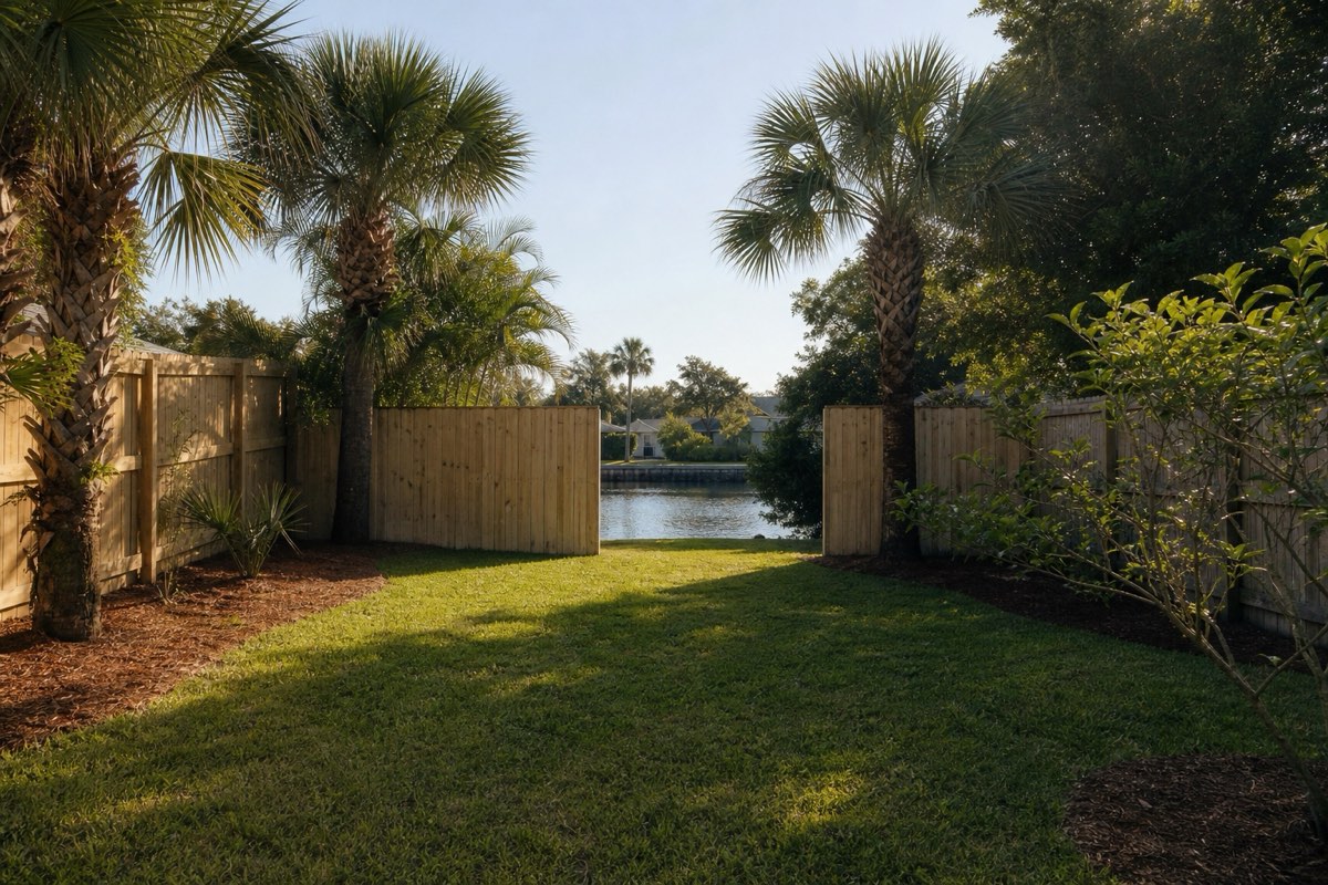 Worker cutting a dense wall of Brazilian pepper along a residential fence line in Indian Harbour Beach