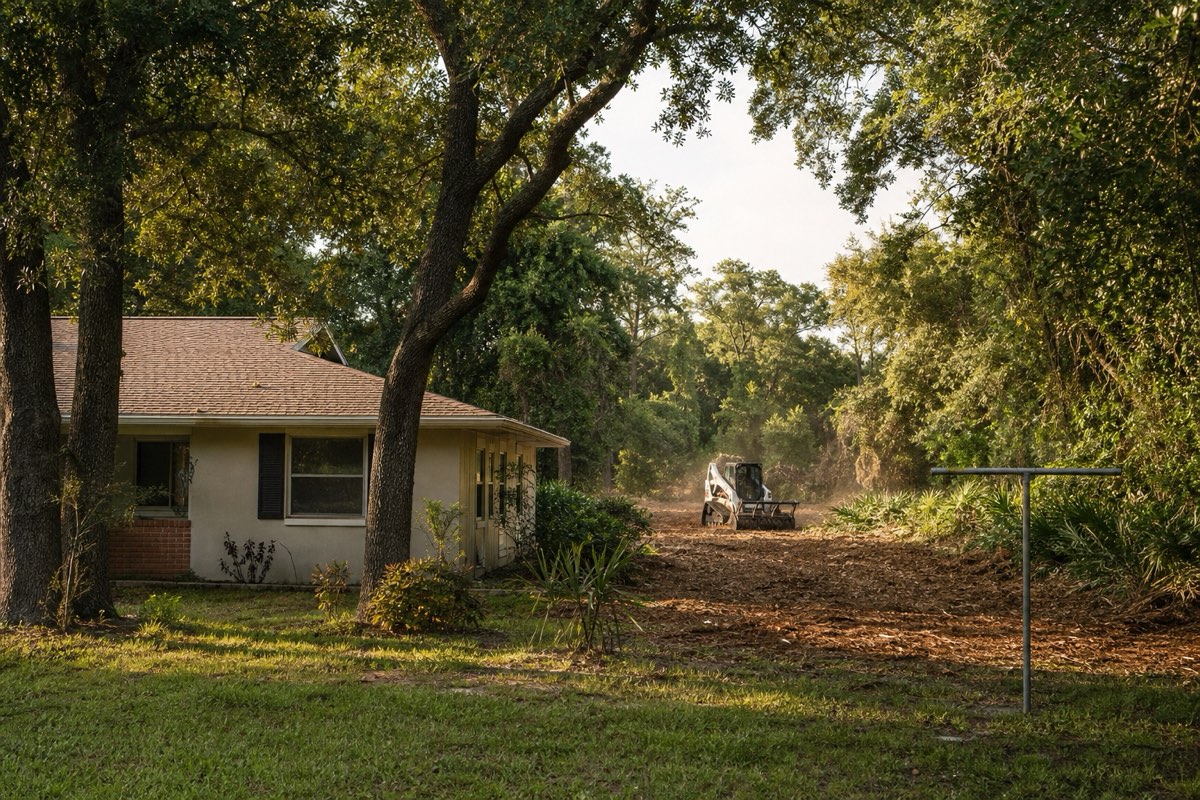 Mulching machine grinding a dense saw palmetto thicket behind an older home on a large June Park lot