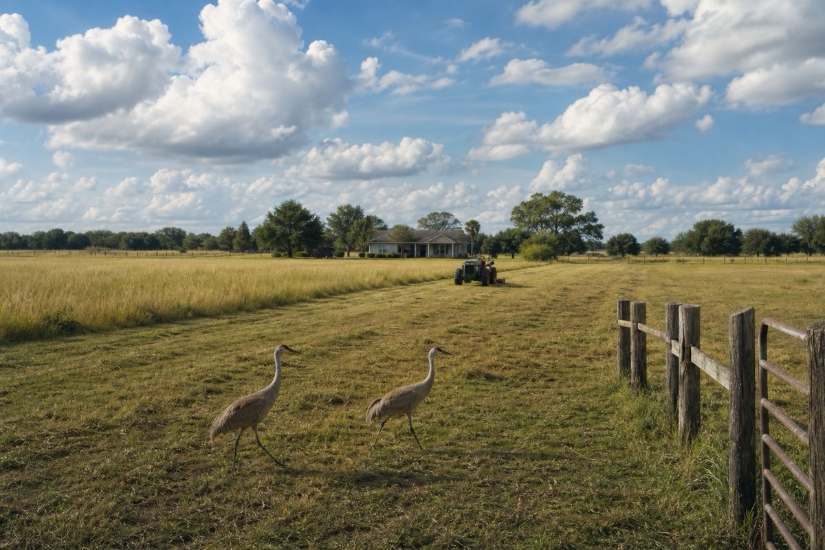 Tractor with a brush mower reclaiming an overgrown pasture bordered by pine woods on a Malabar homesite