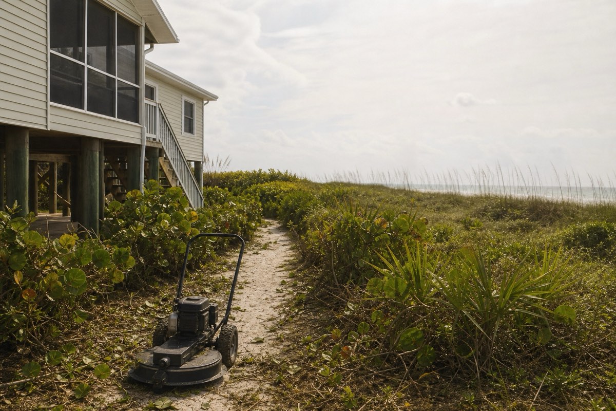 Overgrown oceanfront lot with wind-bent sea grape and palms beside a beach house in Melbourne Beach