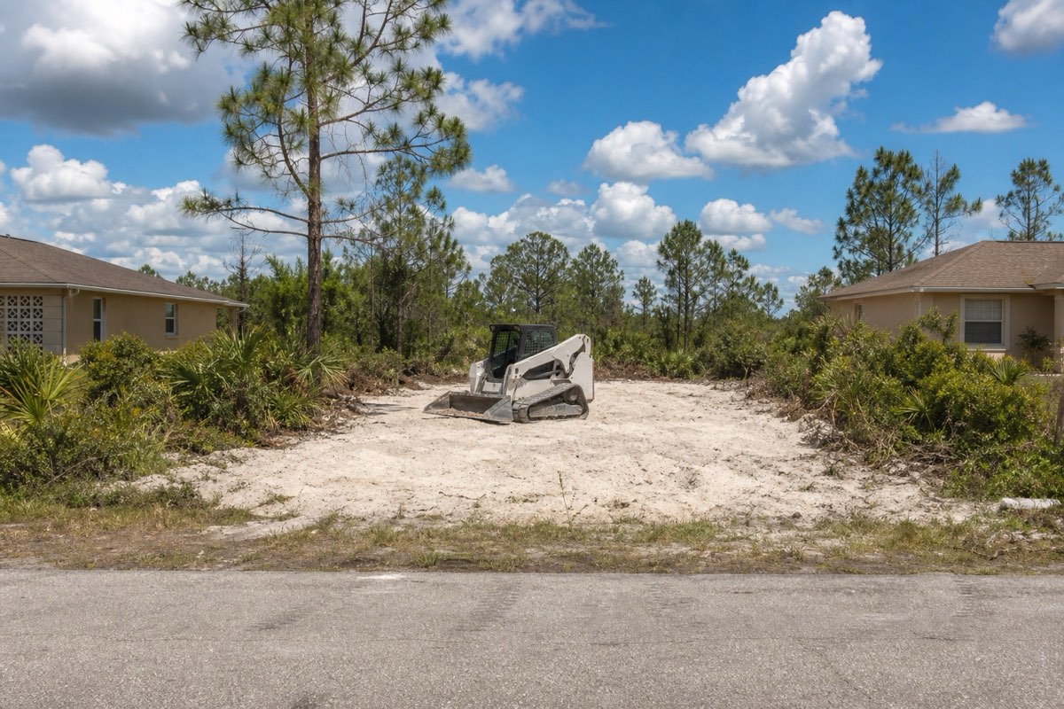 Skid steer with a mulching head clearing palmetto and pines on a vacant quarter-acre residential lot in Palm Bay