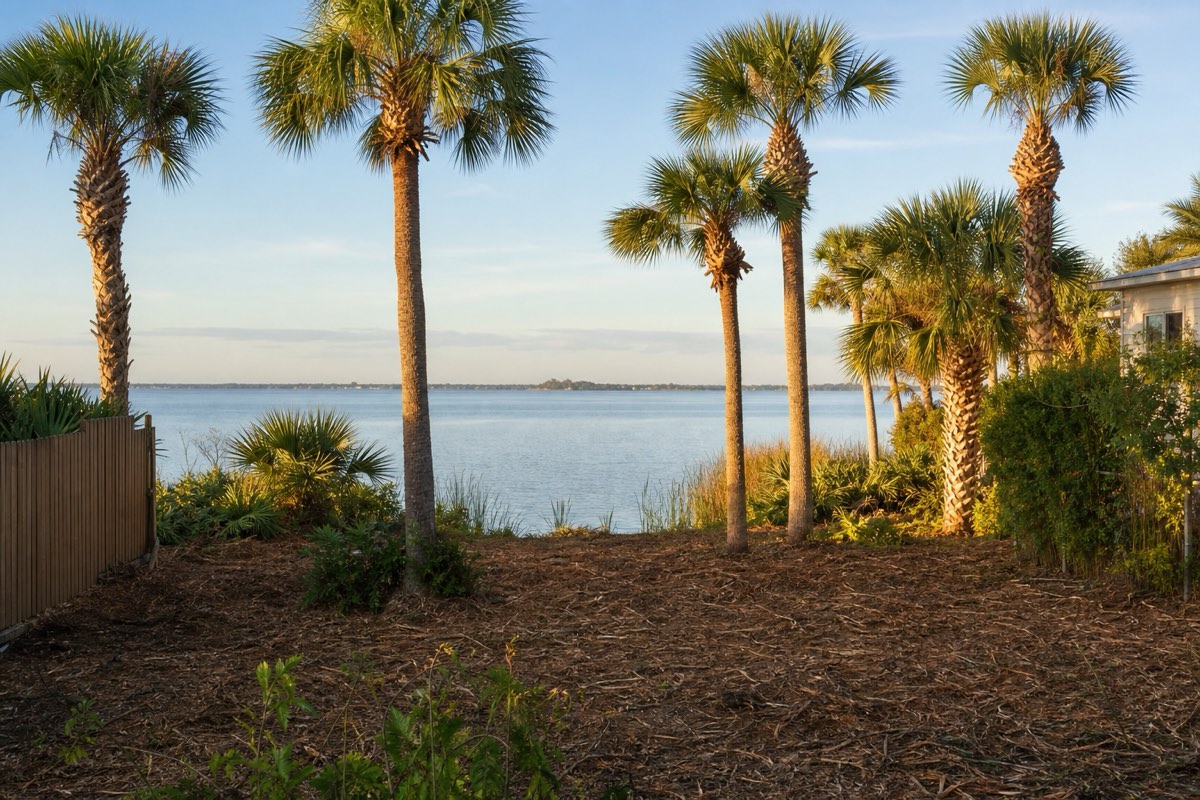 Partially cleared residential lot with mulched ground cover overlooking the Indian River Lagoon in Palm Shores