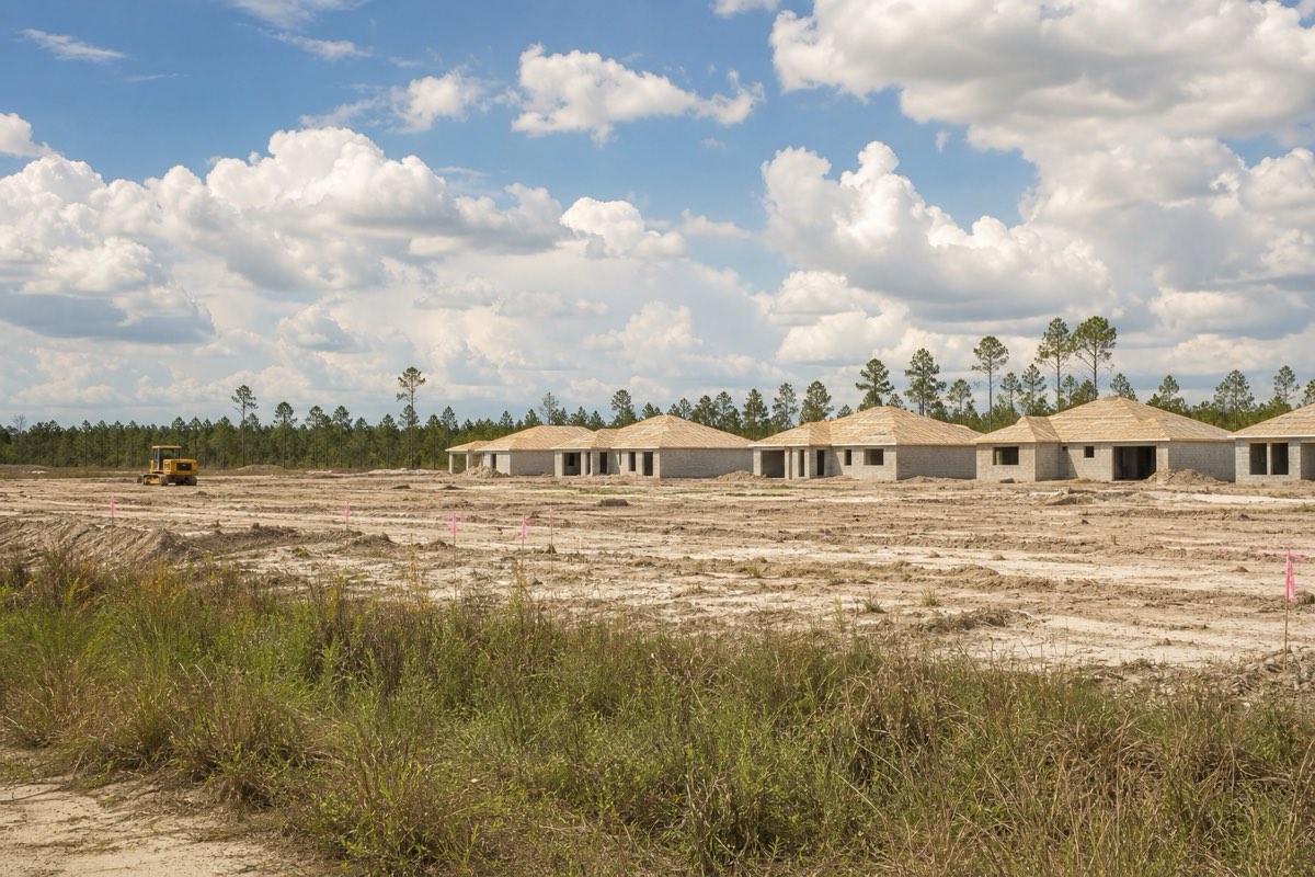 Freshly cleared and rough-graded homesite beside an active subdivision under construction in West Melbourne