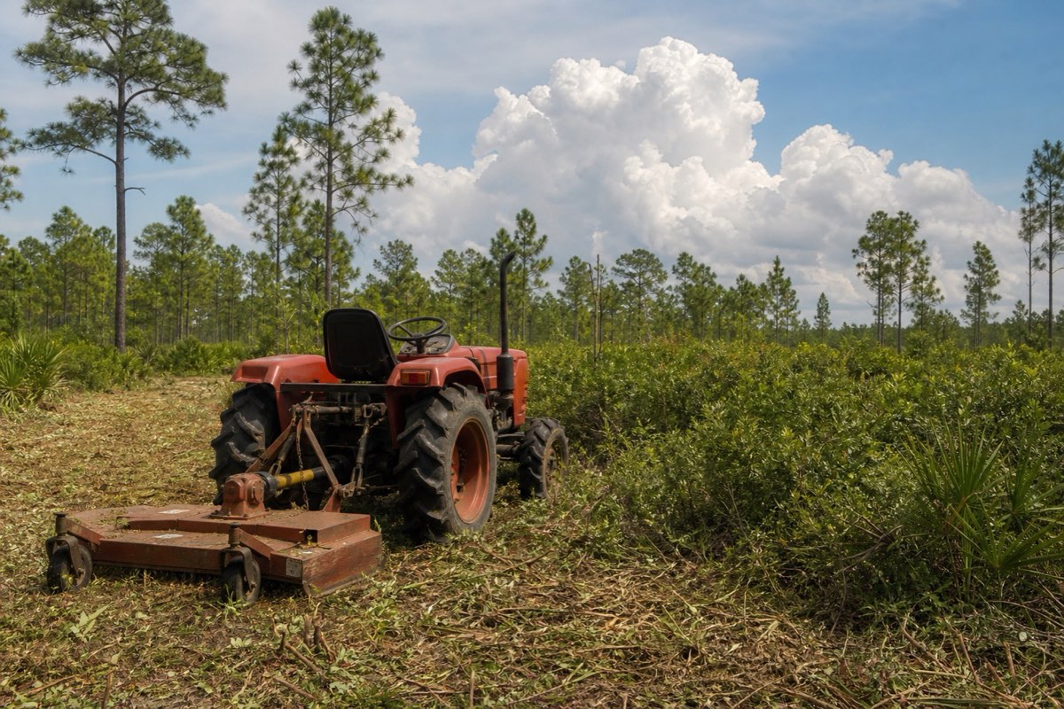 Tractor with rotary cutter mowing dense waist-high brush beneath scattered pine trees on a rural Florida property