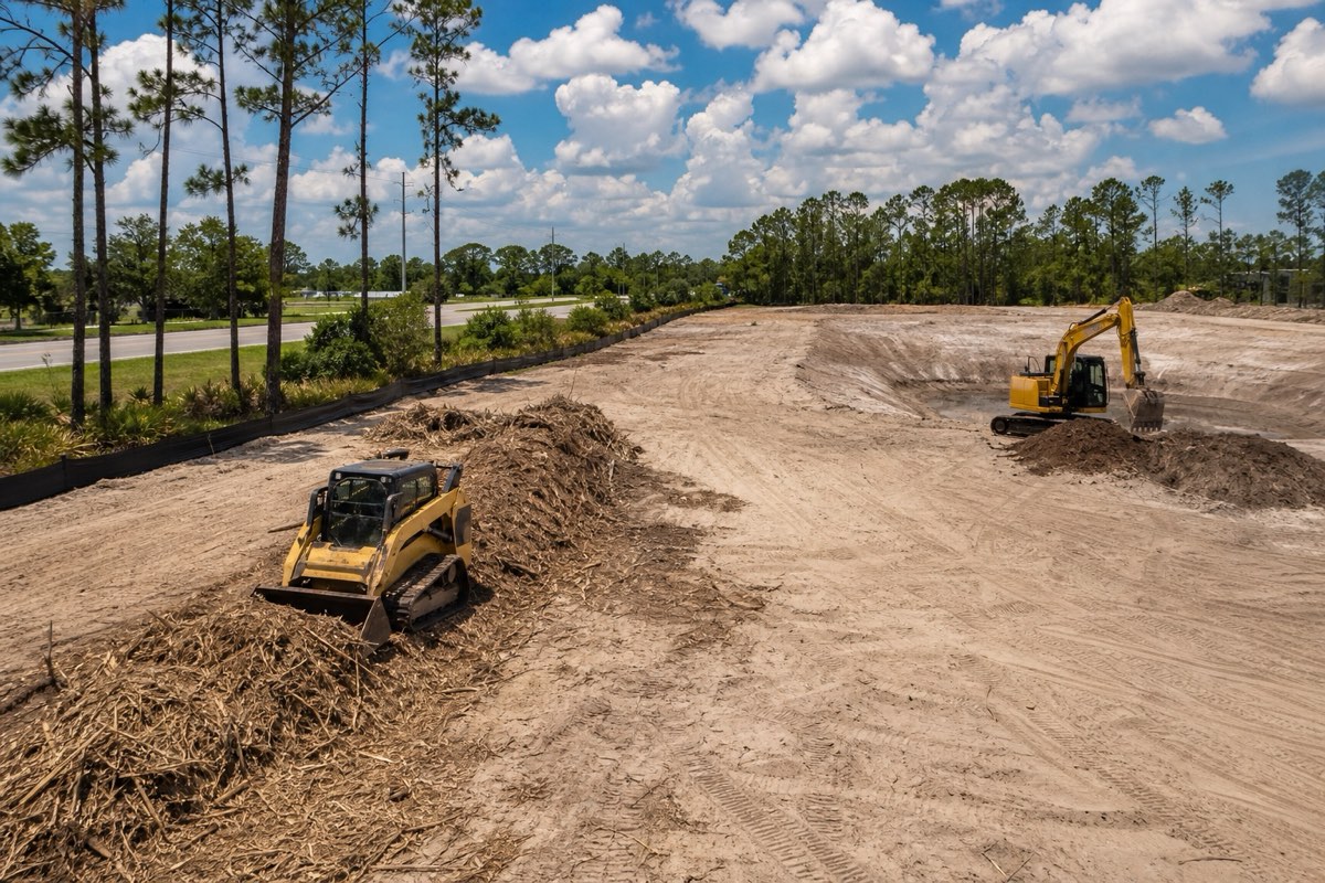 Excavator clearing a multi-acre commercial site with graded sand in the foreground and a treeline awaiting removal beyond