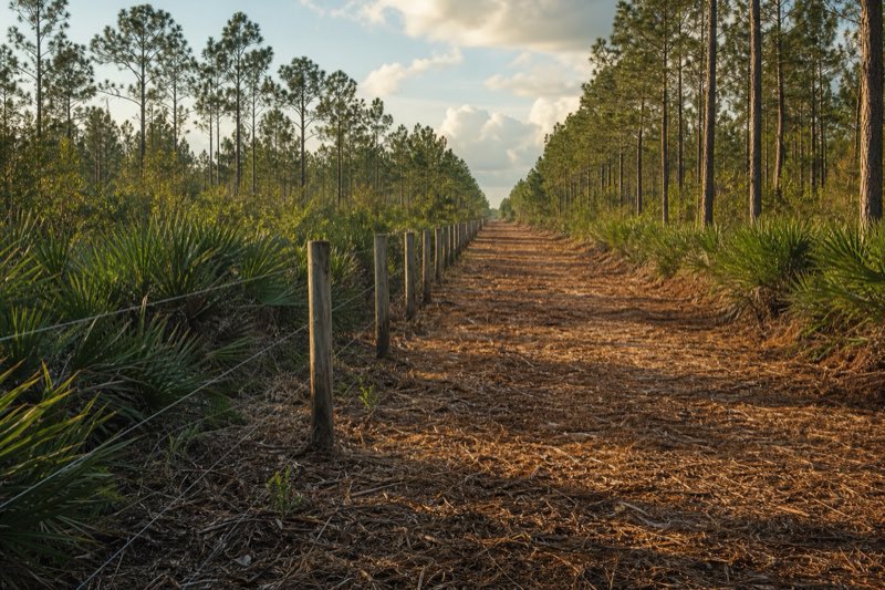Straight cleared corridor cut through palmetto and pines along a rural property line, wooden survey stake in the foreground