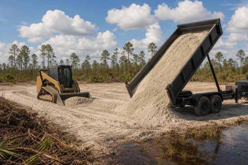 Dump truck spreading a load of sandy fill dirt on a low cleared lot while a compact dozer levels the previous lift