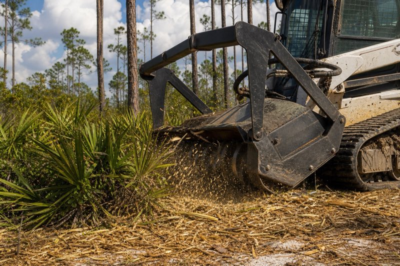 Tracked forestry mulcher grinding palmetto and small pines on a wooded Florida lot, mulch layer spread behind the machine