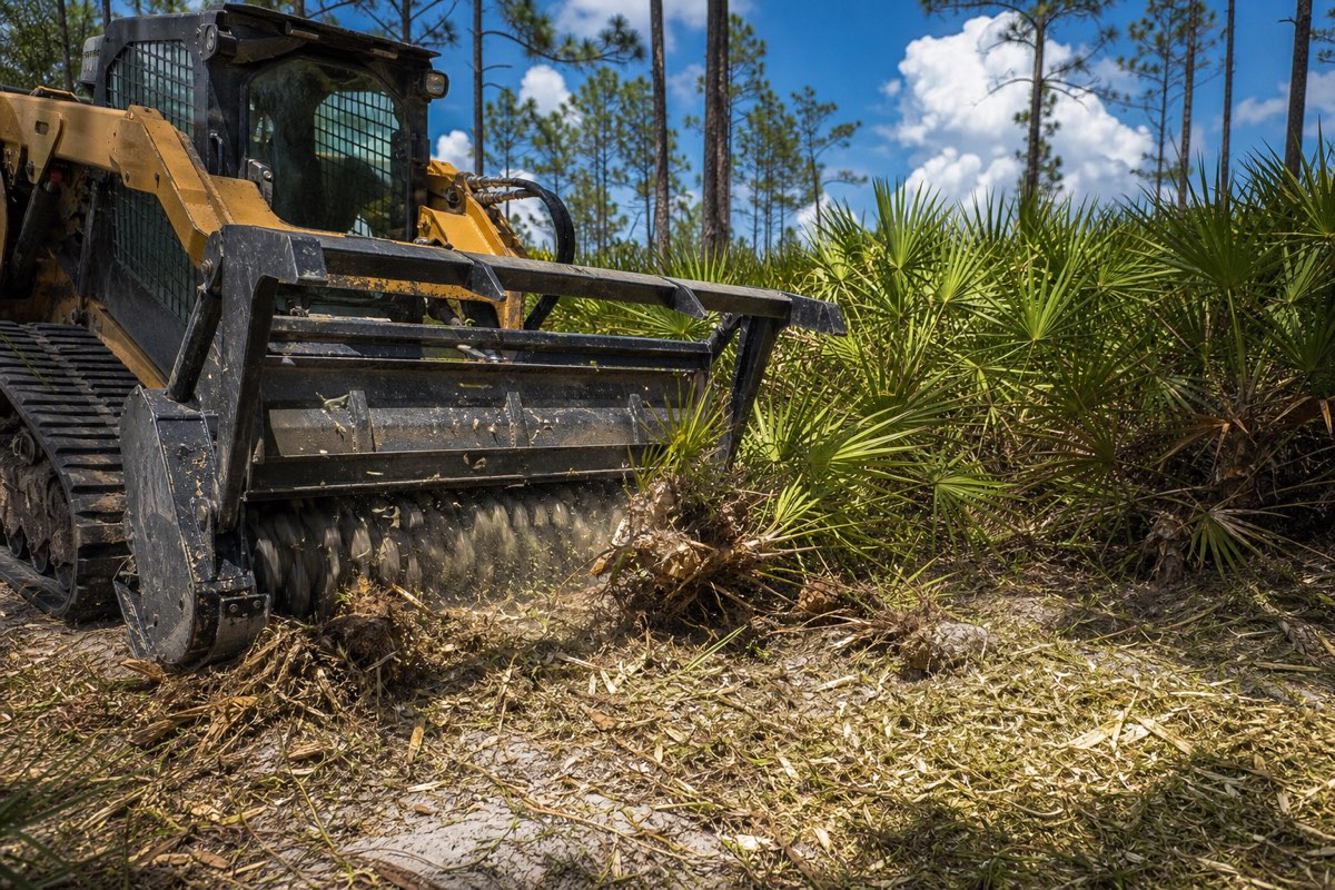 Dense stand of saw palmetto beneath tall pines on a flatwoods lot, with a cleared strip of sandy ground in the foreground