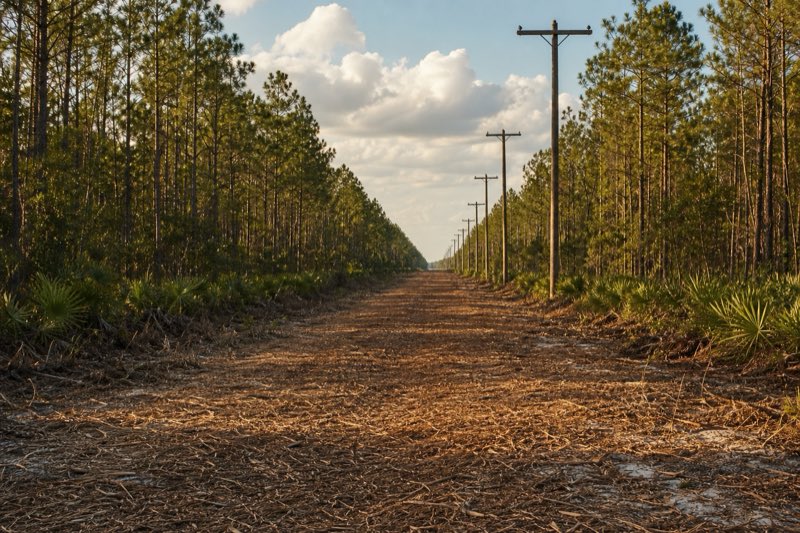 Wide mowed utility corridor running straight through Florida pine flatwoods, transmission poles receding into the distance