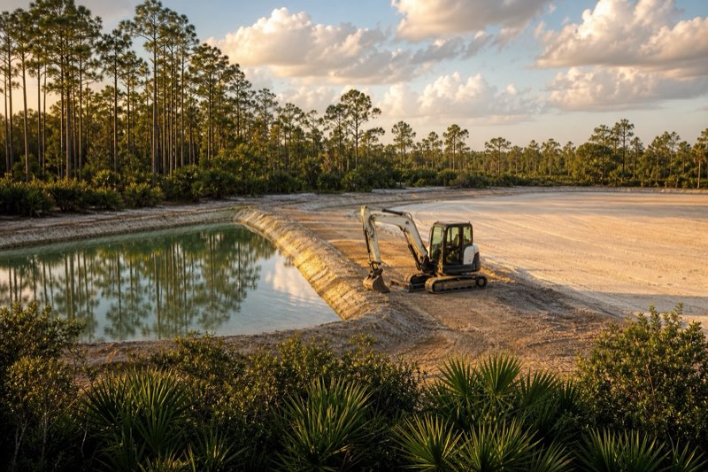 Excavator digging a stormwater pond on a cleared development site, with a compacted sand building pad taking shape nearby