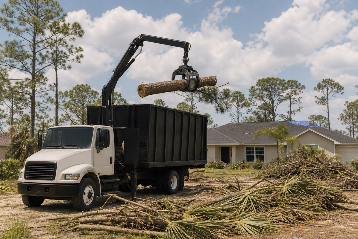 Fallen pine tree cut into sections beside a driveway after a storm, with a compact loader moving limb debris into a pile