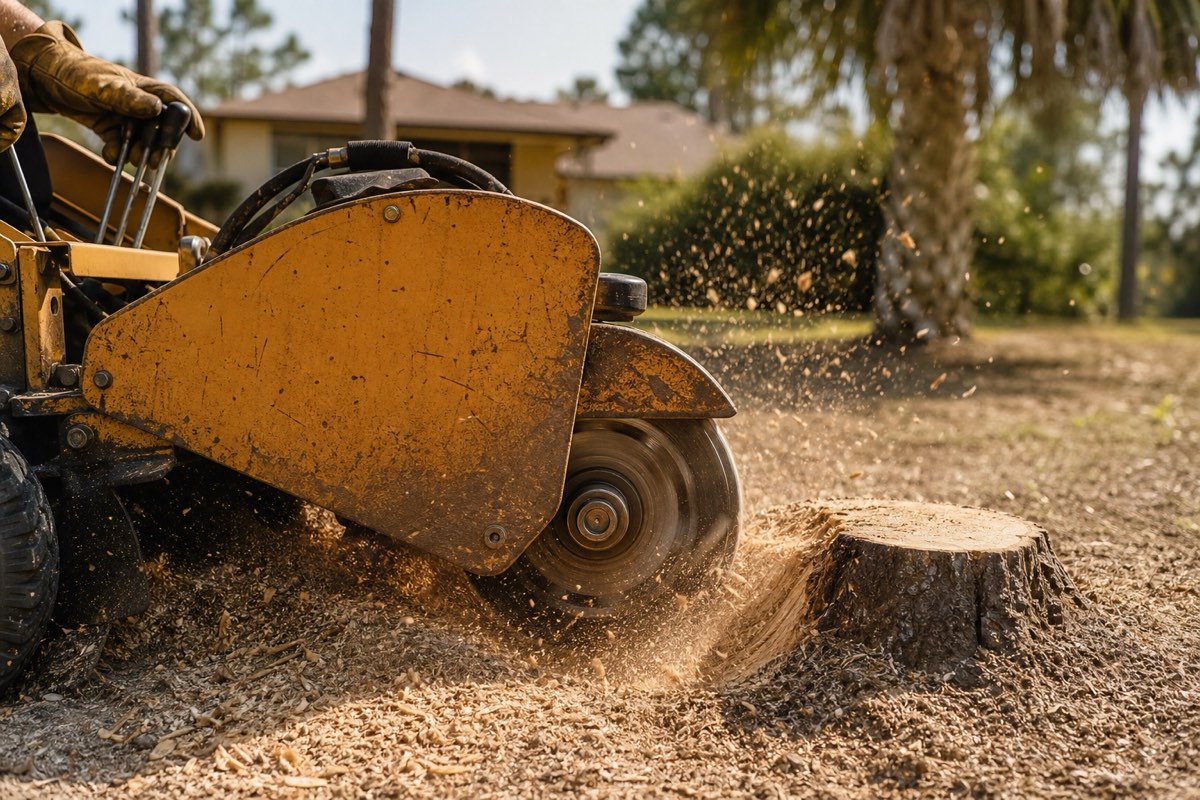 Stump grinder cutting a wide pine stump below ground level in a sandy yard, wood chips scattered around the wheel